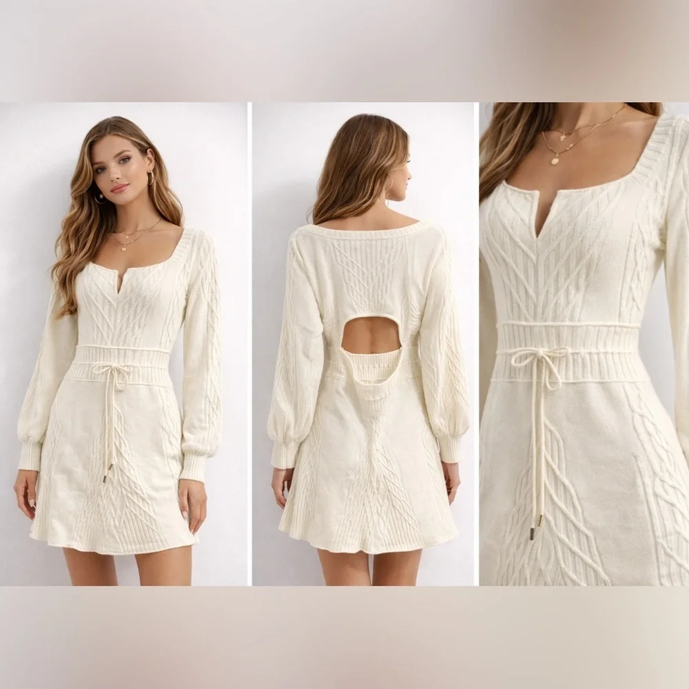Free People Ivory Knit Mini Dress Open Back Boho Cable Sweater Dress S - Picture 1 of 5